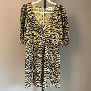 Ba&sh Zola Lady Linen Dress Animal Print Beige Small NWT Contemporary Statement